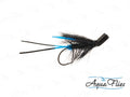 Black and blue fishing fly on a white background with 'Aqua Flies' branding.