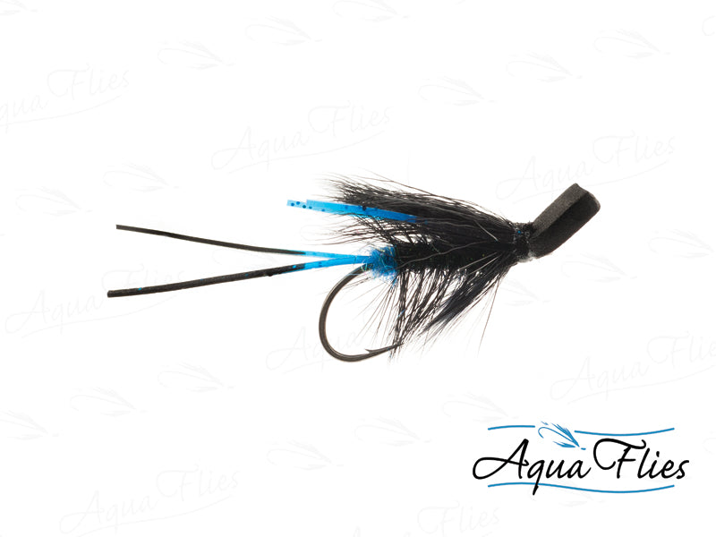 Black and blue fishing fly on a white background with 'Aqua Flies' branding.