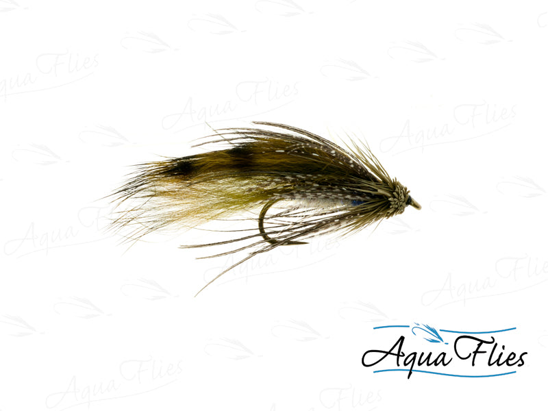 A single artificial fly fishing lure with a dark brown and olive body, tan hackle, and dark hackle fibers, shown on a white background with Aqua Flies branding.