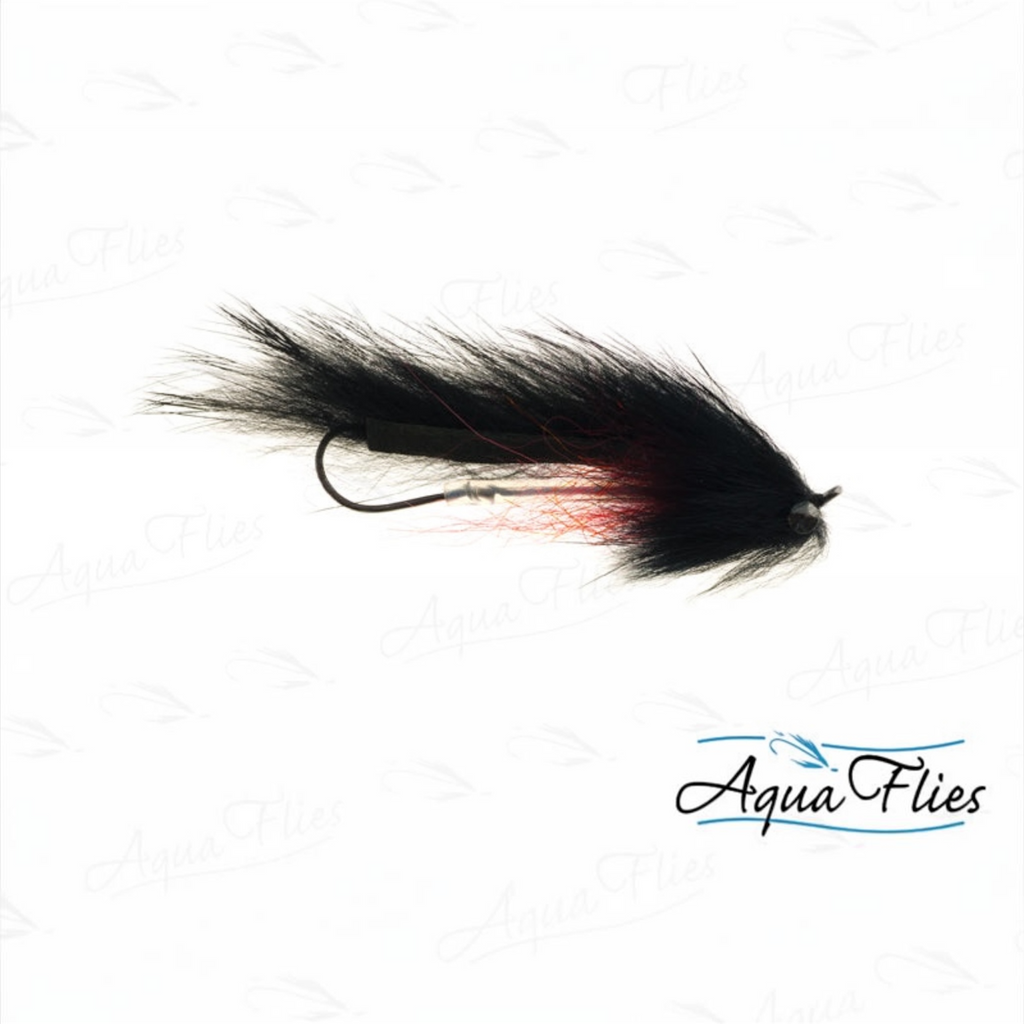 Black and red fly fishing lure on a white background with 'Aqua Flies' branding.