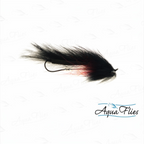 Black and red fly fishing lure on a white background with 'Aqua Flies' branding.