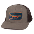 Fishpond trucker hat with a fish design and text on a white background