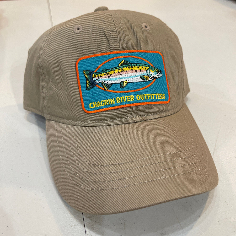 Tan cap with Chagrin River Outfitters patch featuring a fish on a white surface.