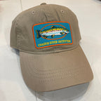 Tan cap with Chagrin River Outfitters patch featuring a fish on a white surface.