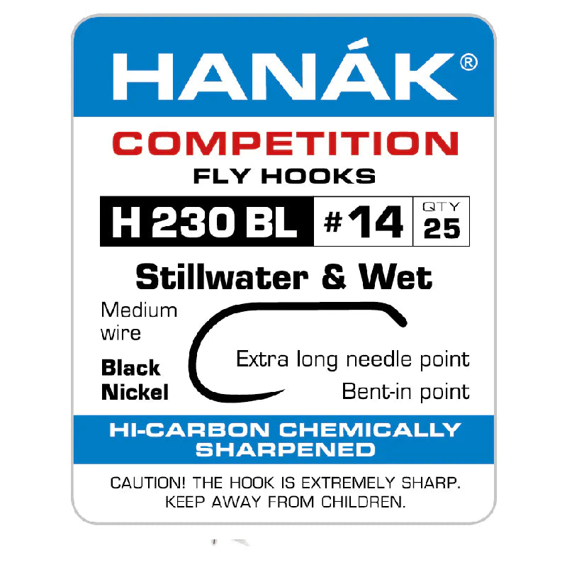 Hanak fly fishing hook packaging with product details on a white background