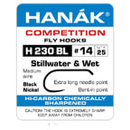 Hanak fly fishing hook packaging with product details on a white background