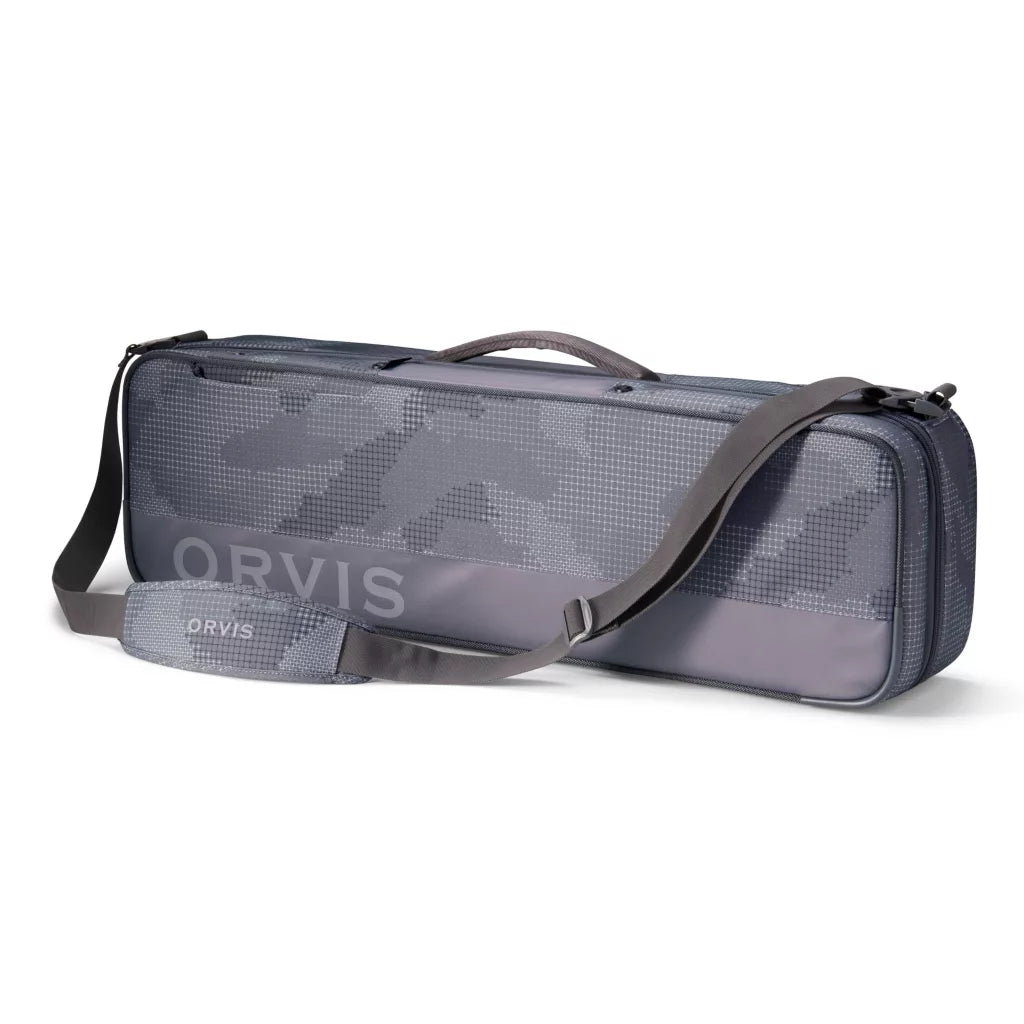 An Orvis branded carry-on fishing rod case in a solid color with a lockable zipper and a padded shoulder strap.