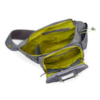 Gray Orvis Guide Sling Pack with yellow interior on a white background