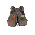 A green and brown Fishpond Tenderfoot Youth Vest with multiple pockets and a mesh backing, designed for young anglers.