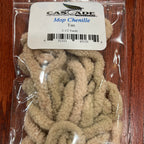 Packaged tan mop Chenille on a wooden surface with a label.