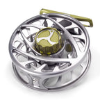 Black Orvis Mirage LT fly fishing reel  large spool and a machined aluminum handle.