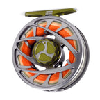 A front view of the Orvis Mirage LT fly fishing reel, showcasing its silver body with orange and yellow accents on the spool, and the brand's logo.