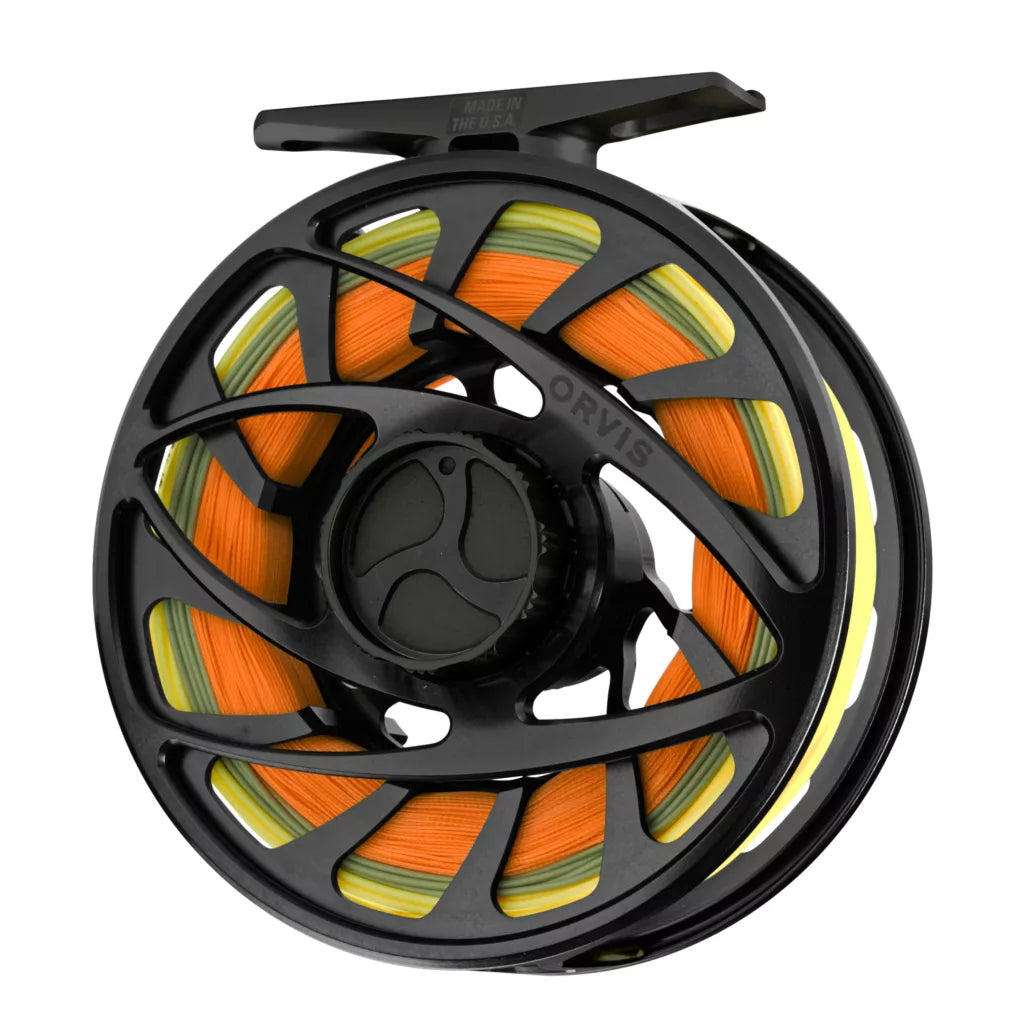 Black Orvis Mirage LT fly fishing reel  large spool and a machined aluminum handle.