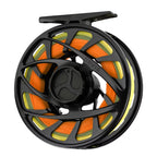 Black Orvis Mirage LT fly fishing reel  large spool and a machined aluminum handle.