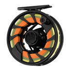 Fishing reel with orange and green line on a white background