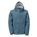 A blue Orvis Clearwater Wading Jacket with a hood, featuring a zippered front closure and multiple pockets.
