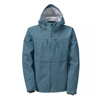 A blue Orvis Clearwater Wading Jacket with a hood, featuring a zippered front closure and multiple pockets.