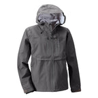 A gray Orvis Clearwater Wading Jacket with a hood, featuring a zippered front closure and multiple pockets.