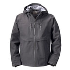 A gray Orvis Clearwater Wading Jacket with a hood, featuring a zippered front closure and multiple pockets.