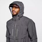 A gray Orvis Clearwater Wading Jacket with a hood, featuring a zippered front closure and multiple pockets.
