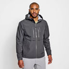 A gray Orvis Clearwater Wading Jacket with a hood, featuring a zippered front closure and multiple pockets.