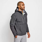 A gray Orvis Clearwater Wading Jacket with a hood, featuring a zippered front closure and multiple pockets.