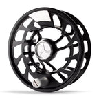 Black Orvis Mirage LT fly fishing reel  large spool and a machined aluminum handle.