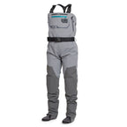 A pair of gray Orvis women's waders with booties, featuring multiple pockets and suspenders.