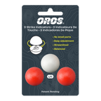 Packaging of OROS strike indicators with three balls on a dark background
