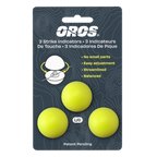 Packaging of three yellow OROS strike indicators on a dark gray background with brand name and product details.