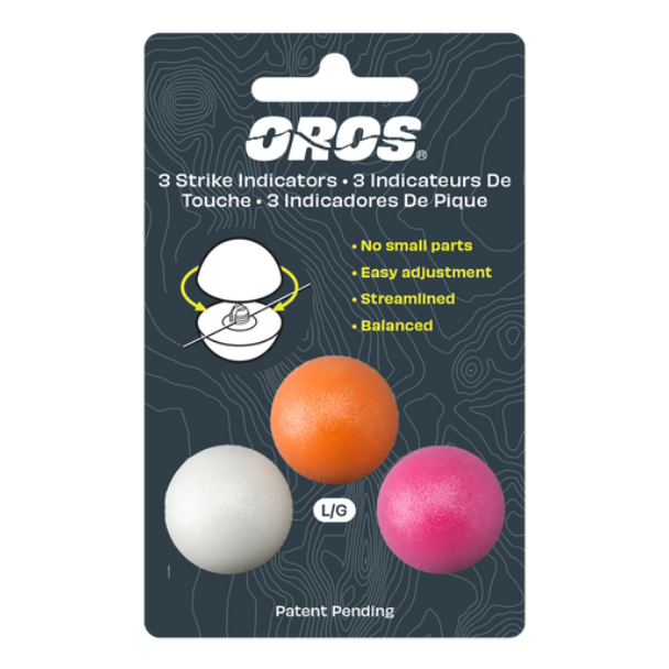 Packaging of three strike indicators with OROS branding on a white background