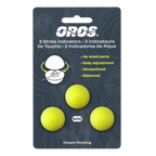 Packaging of three yellow DROS strike indicators on a gray background with brand logo and product details.