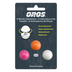 Packaging of OROS strike indicators with three colored balls on a dark background