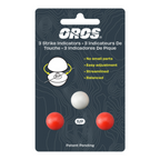 Packaging of OROS strike indicators with three balls on a dark background