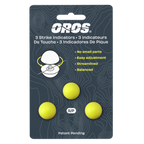 Packaging of three yellow strike indicators with OROS branding on a gray background
