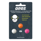 Packaging of OROS 3 strike indicators with three colored balls on a dark background