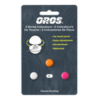 Packaging of OROS 3 strike indicators with three colored buttons on a dark gray background.