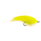 A bright yellow fly fishing lure with a black hook and silver eye, shown against a plain white background.