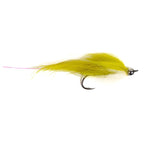 An olive and white fur fly fishing lure with a black metal hook, shown against a plain white background.
