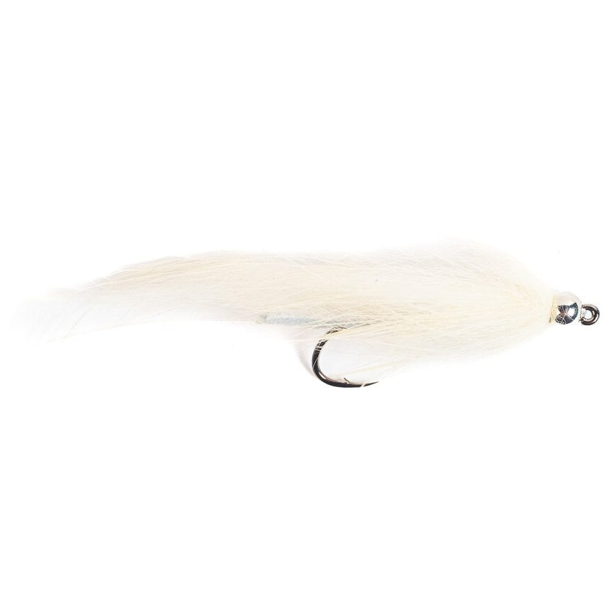 A white fur fly fishing lure with a black metal hook, shown against a plain white background.