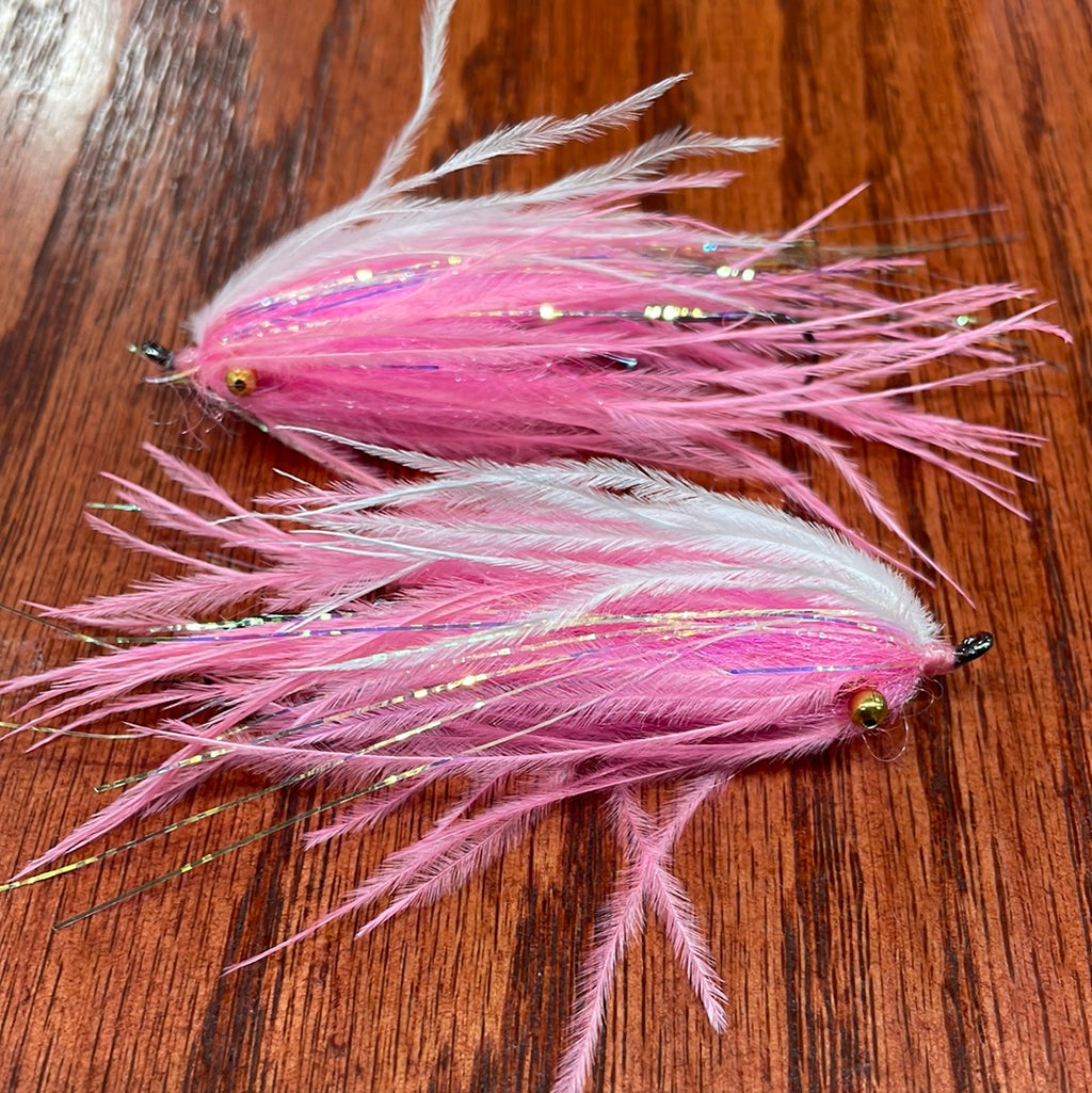 Two single stage intruder fishing flies with silver and gold accents, tied for steelhead fishing.