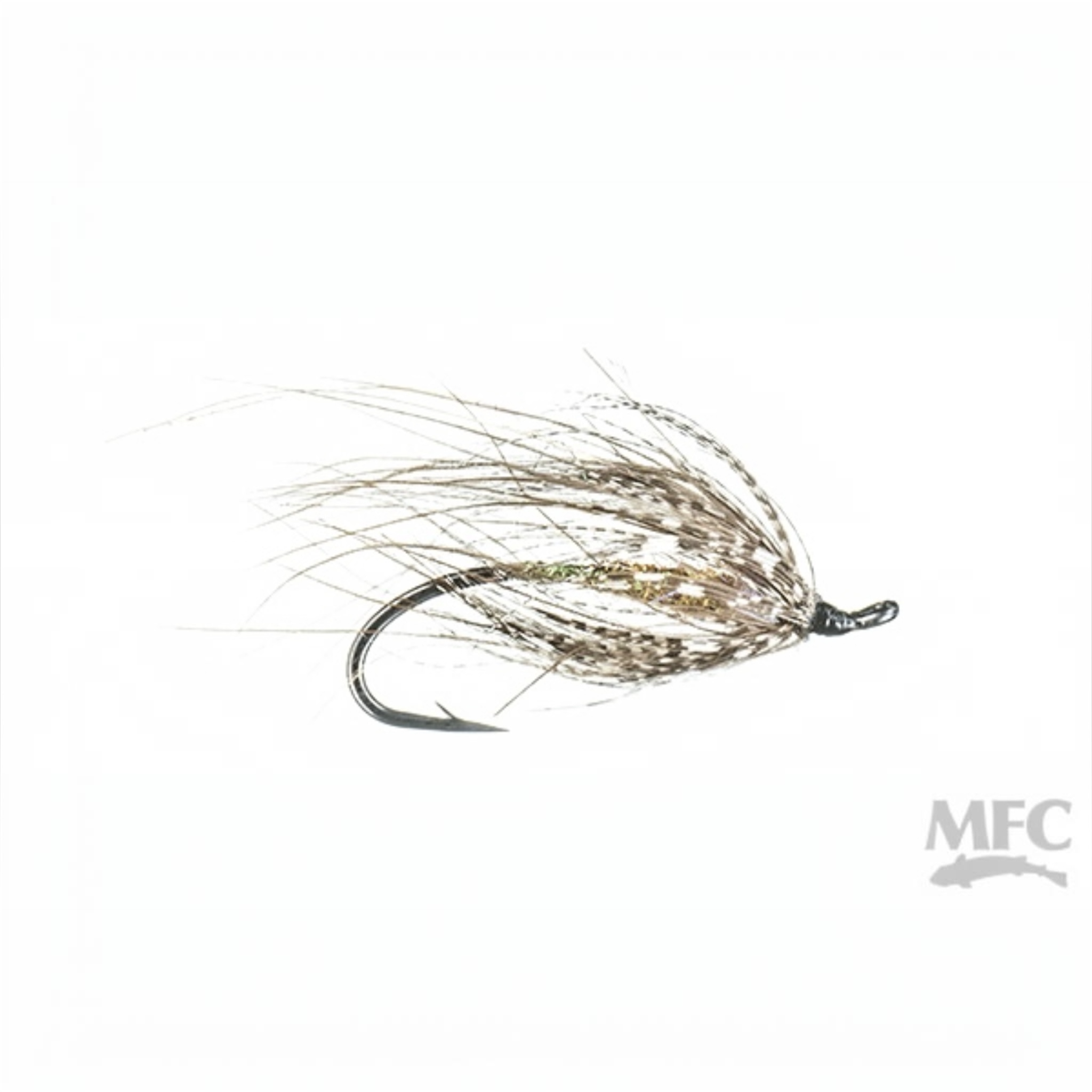 A single fly fishing lure with a dark hook, gold glitter body, and brown and beige hackle feathers, shown on a plain white background with an MFC logo in the bottom right corner.