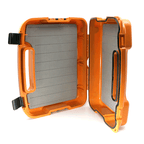 Orange and gray fly boat box with textured interior on a white background