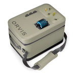 Orvis boat fishing tackle box with fly fishing equipment on a white background