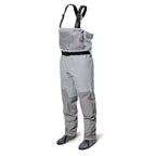 A pair of Orvis men's PRO LT fishing waders in gray color with adjustable elastic suspenders, neoprene booties, and a stretchy external pocket.