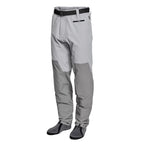 A pair of Orvis men's PRO LT wading pants in gray color with neoprene booties and a belt, designed for waist-high wading.