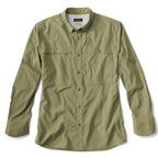 A long-sleeved blue fishing shirt with a button-up collar, button-adjustable cuffs, and a hidden bungee sunglasses/tool keeper in the right pocket. It features a concealed button-down collar that lays flat in the wind, button-adjustable cuffs, and a hidden sunglasses cleaner in the hem.
