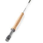 Orvis Helios F Fly Rod with a matte olive finish and olive thread wraps, featuring a wooden grip and silver detailing.