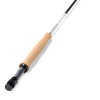 A close-up image of a Orvis Helios™ D Fly Rod - Trout Series fly fishing rod with a black finish and a tan grip, known as the Orvis Helios D Fly Rod.