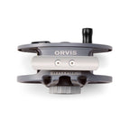 Top view of a gray Orvis Clearwater fly fishing reel on a white background